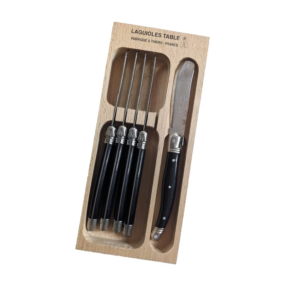 Laguiole France 5 Pc Cheese Knife Set Tempered Z40C13 Steel Black Handles Boxed‎